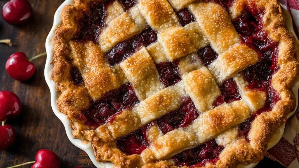 Freshly baked ultimate cherry pie with a flaky crust and juicy filling