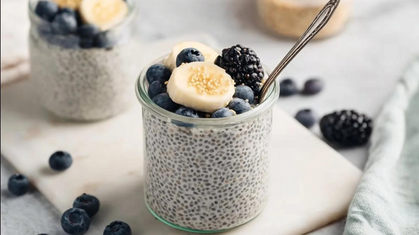 Vanilla Chia Seed Pudding topped with fresh fruits in a glass bowl.