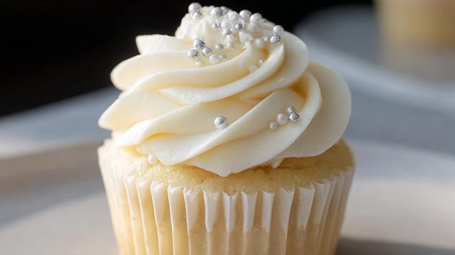 Freshly baked vanilla cupcakes with creamy frosting and colorful sprinkles