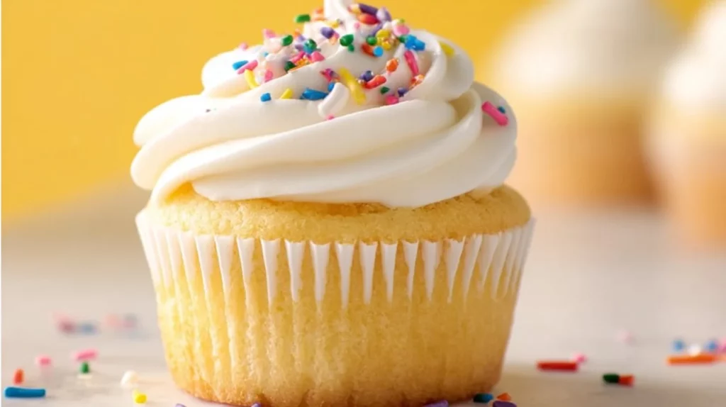 Delicious homemade vanilla cupcakes topped with creamy frosting