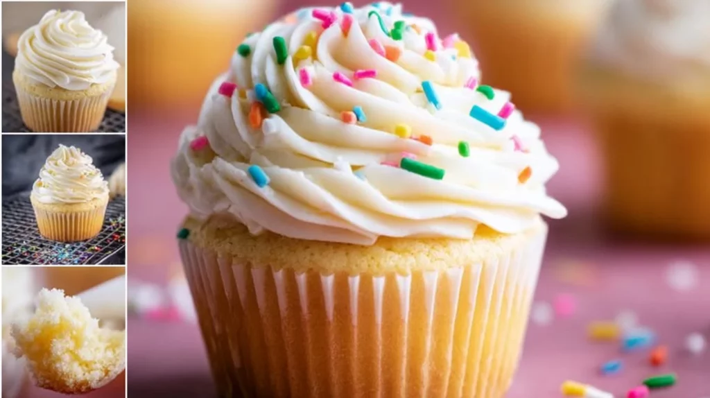 Delicious vanilla cupcakes decorated with buttercream frosting and sprinkles.