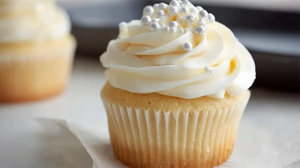 Delicious homemade vanilla cupcakes with frosting and sprinkles.
