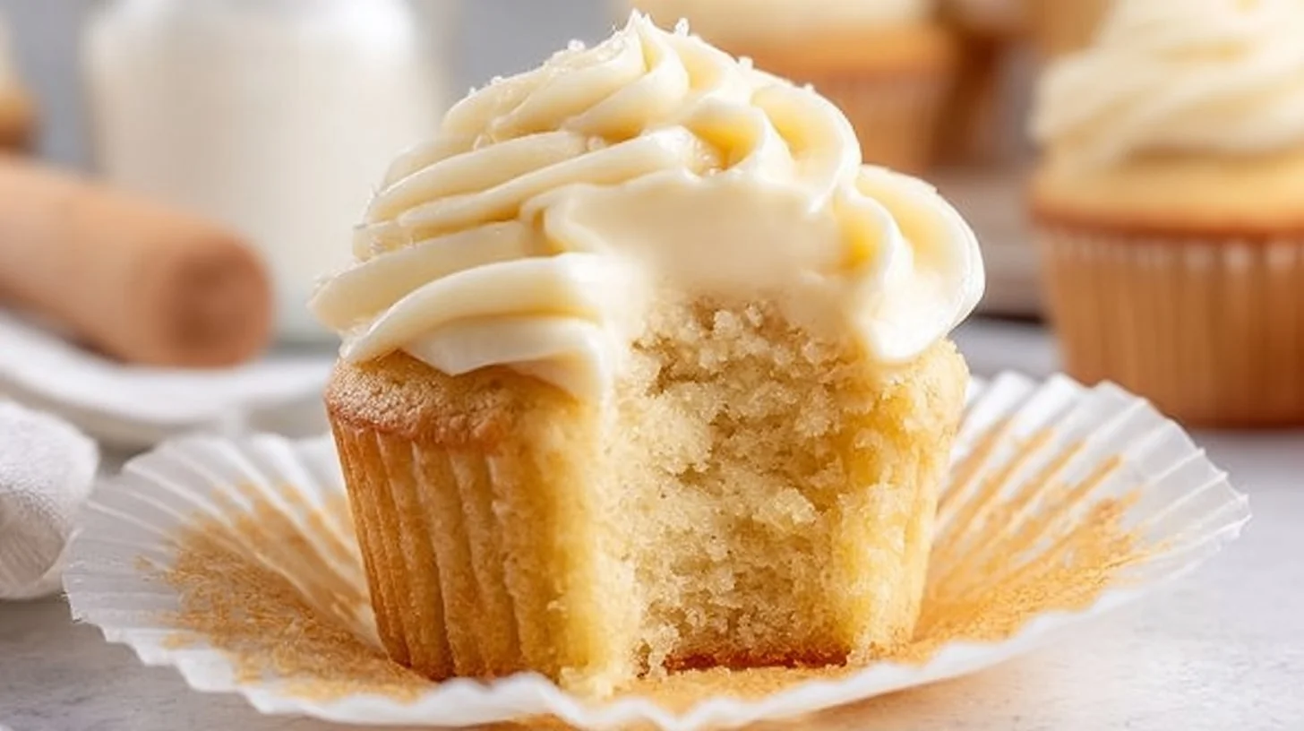 Delicious homemade vanilla cupcakes with frosting on a decorative plate