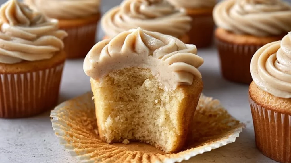 Delicious vanilla cupcakes topped with brown butter frosting