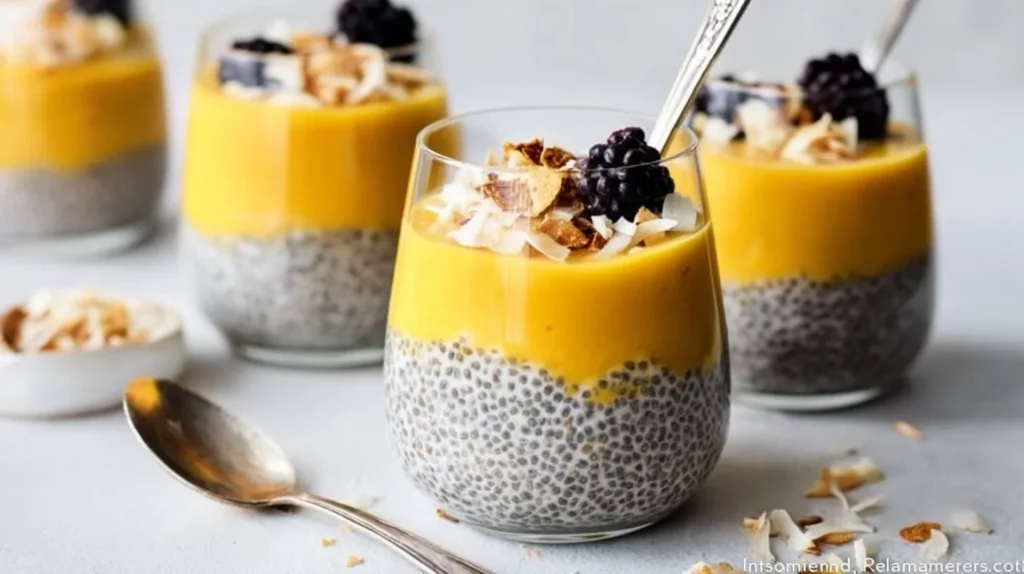 Vegan mango chia pudding served in a glass with fresh mango slices on top.