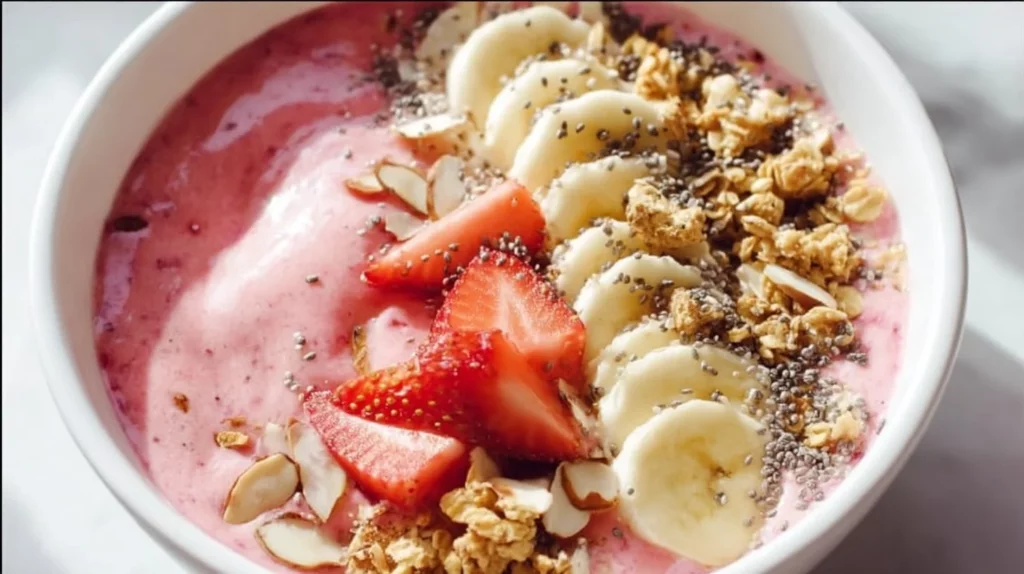 Vegan strawberry smoothie bowl topped with fresh strawberries and seeds