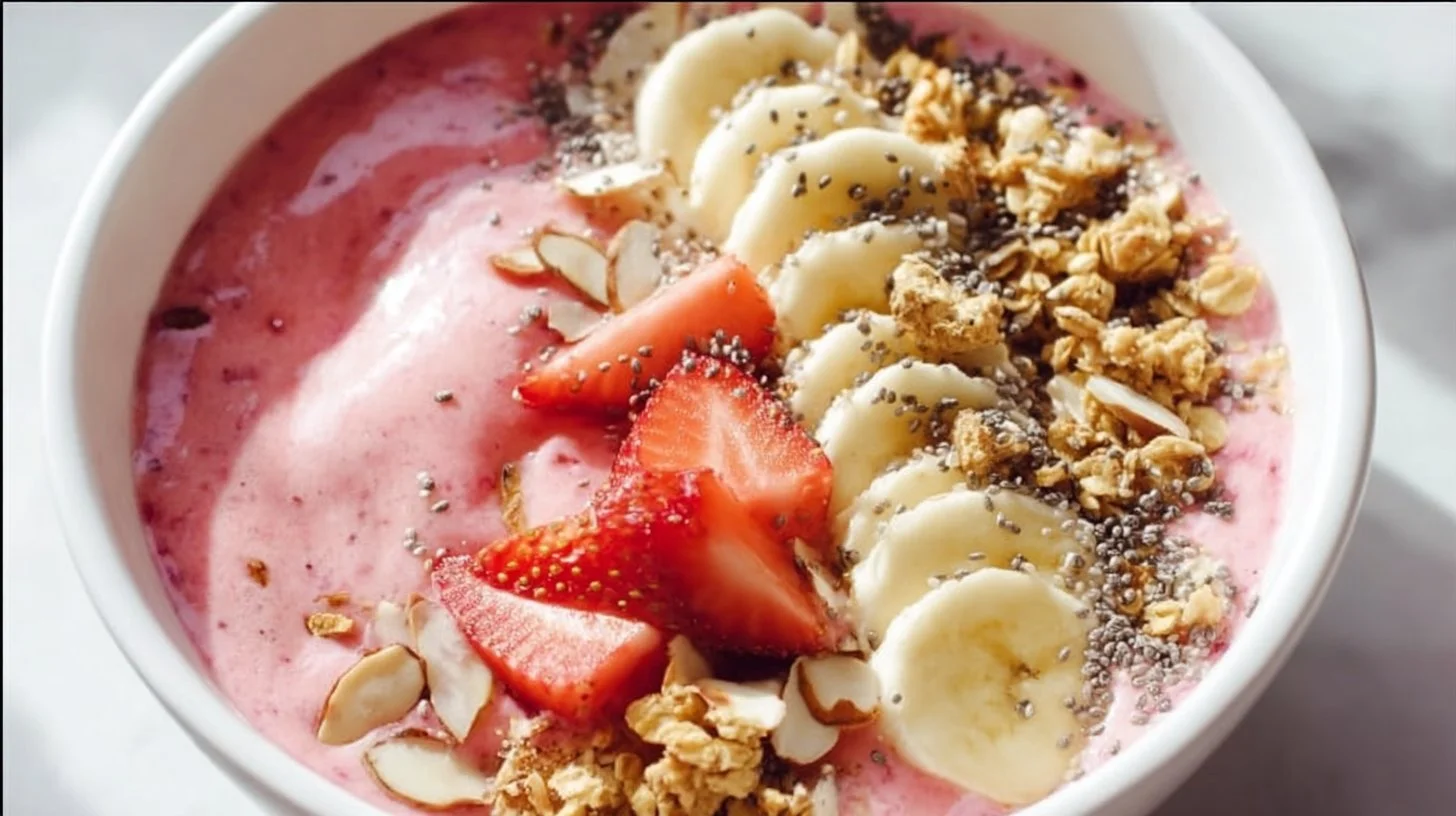 Vegan strawberry smoothie bowl topped with fresh strawberries and seeds