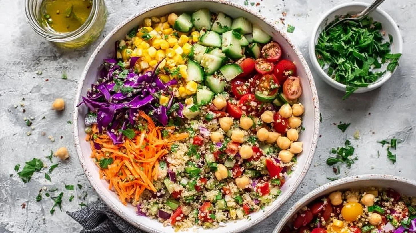 Colorful vegetable quinoa salad with fresh ingredients in a bowl