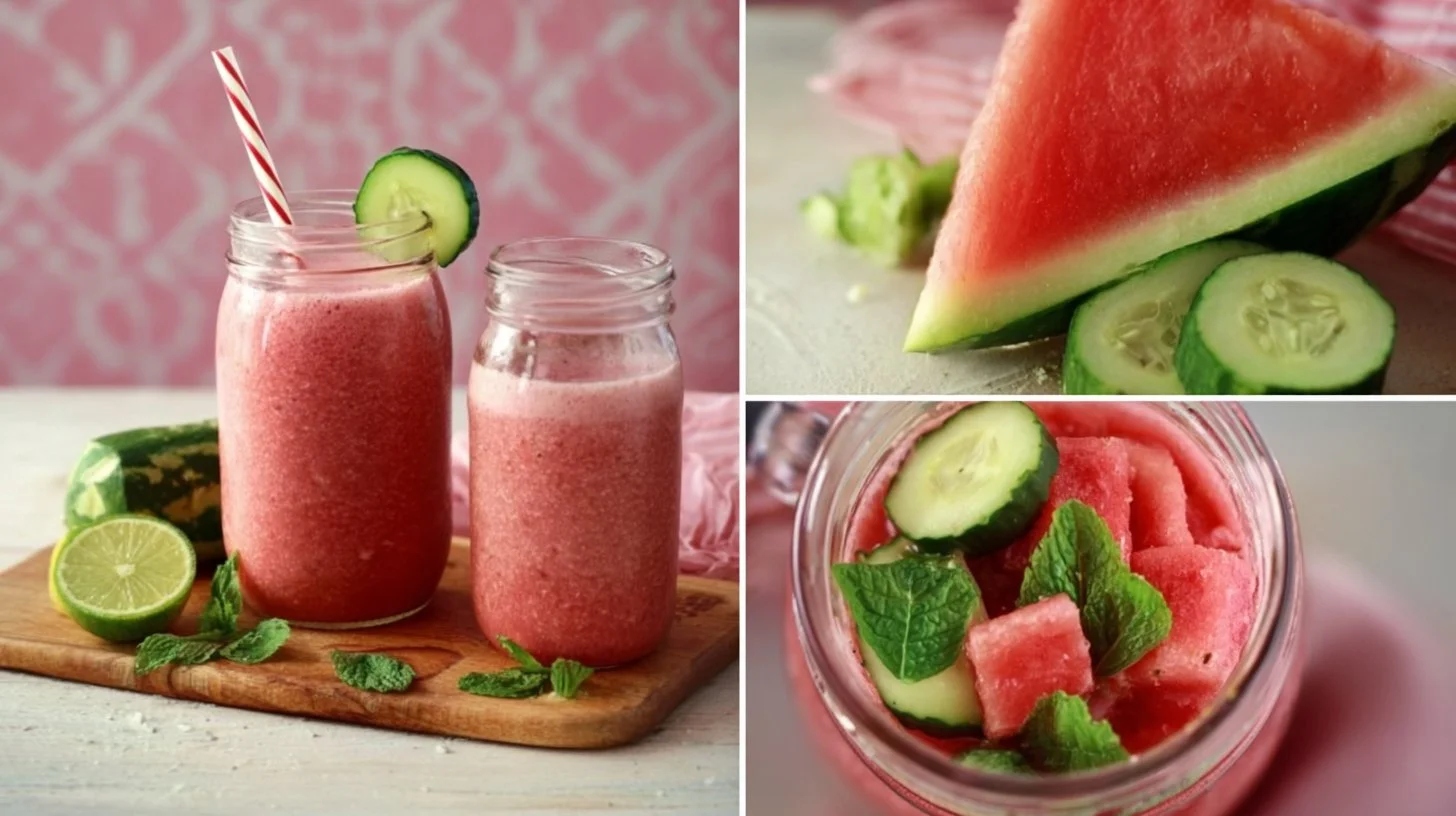 Refreshing watermelon cucumber smoothie in a glass, garnished with mint.