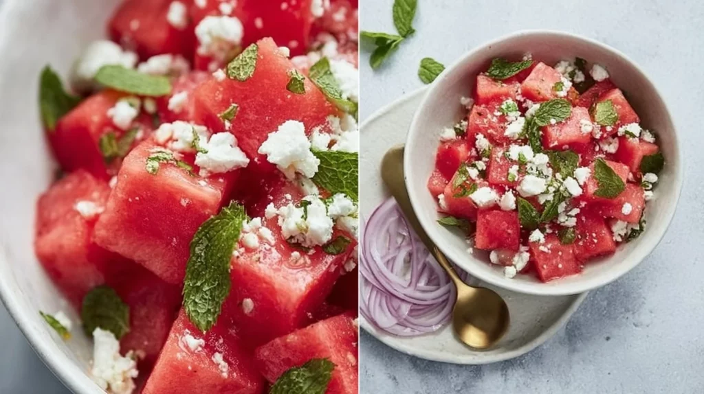 Delicious watermelon feta salad with fresh mint leaves in a bowl