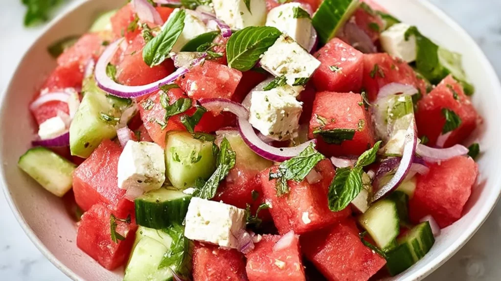 Delicious watermelon salad topped with feta cheese and mint leaves