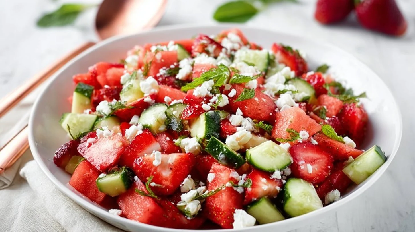 Watermelon Strawberry Cucumber Salad 2 Fresh Watermelon Strawberry Cucumber Salad served in a bowl