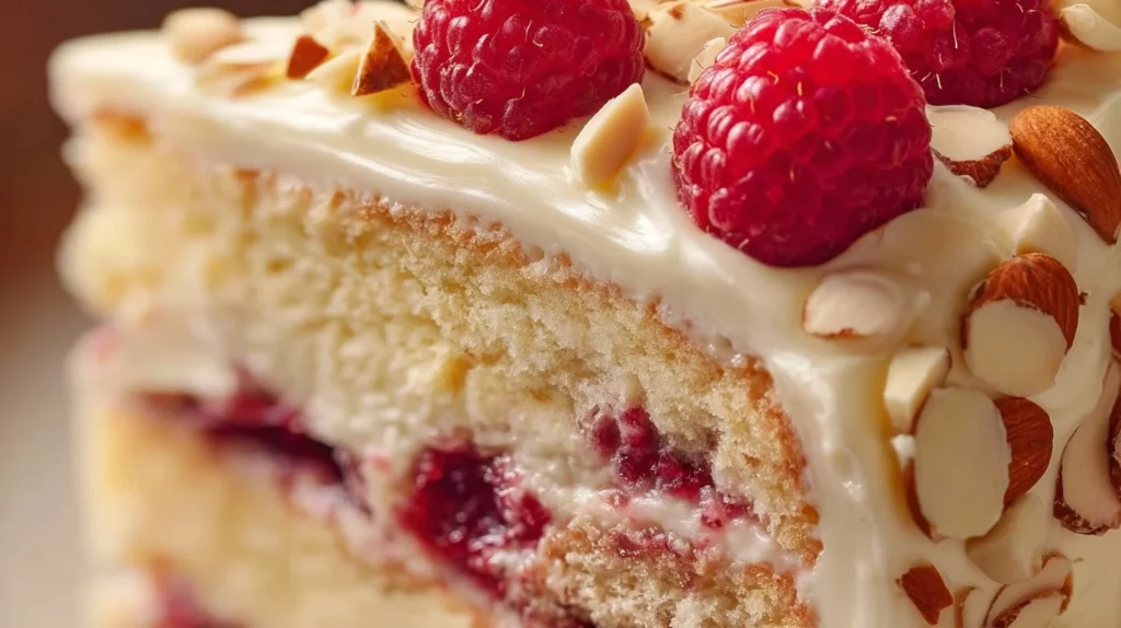 Delicious White Chocolate Almond Raspberry Cake with fresh raspberries and almonds