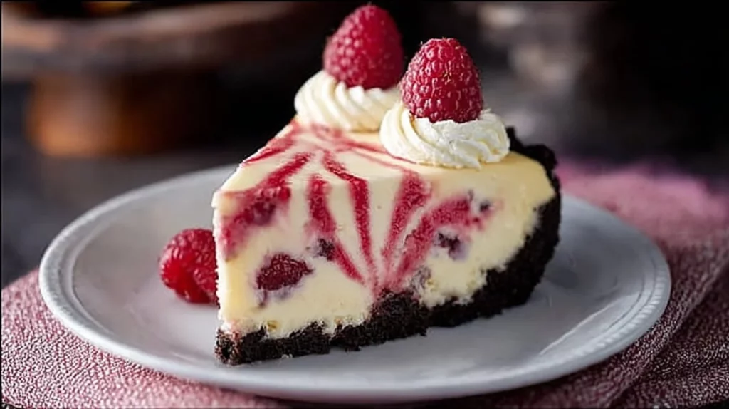 Sliced white chocolate raspberry cheesecake on a plate with fresh raspberries