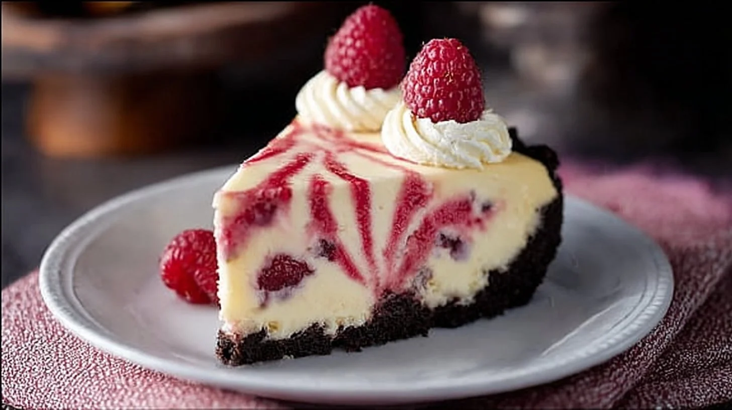 Sliced white chocolate raspberry cheesecake on a plate with fresh raspberries