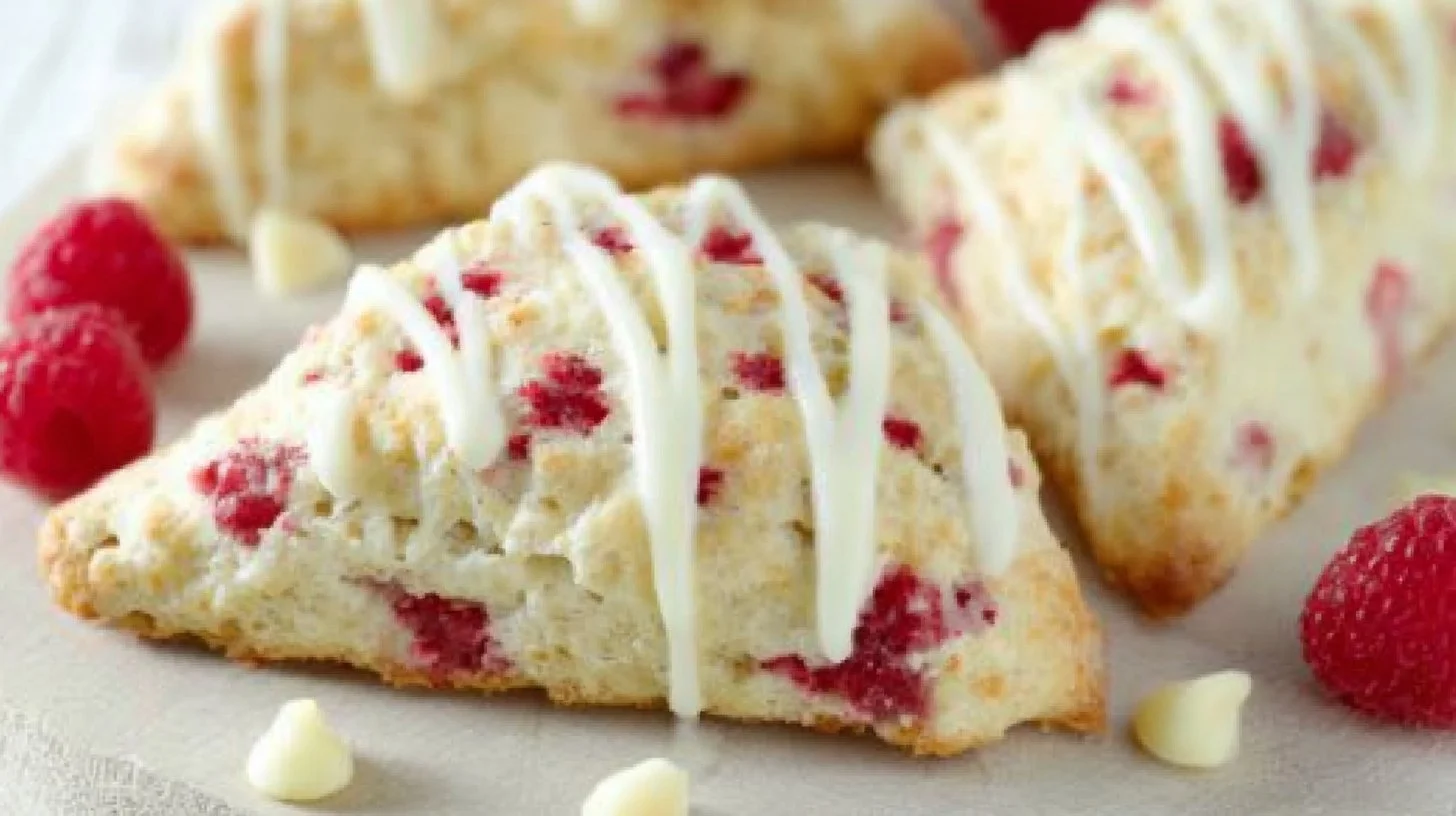 Freshly baked white chocolate raspberry scones on a cooling rack