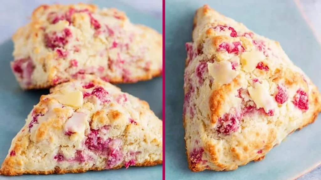 Delicious White Chocolate Raspberry Scones on a rustic wooden table