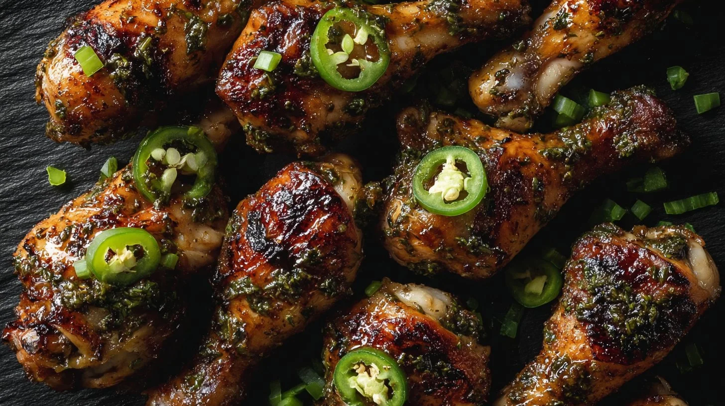 Zesty chimichurri chicken wings garnished with herbs on a serving plate