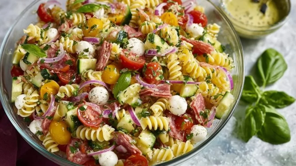 Bowl of zesty Italian pasta salad with fresh vegetables and herbs, gluten-free