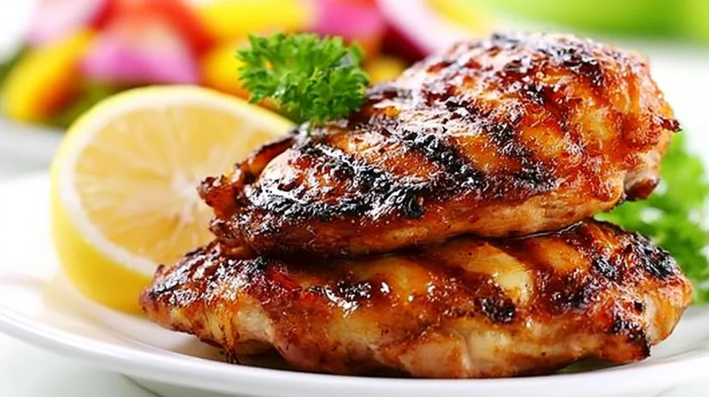 Delicious 7UP Grilled Chicken dish served on a plate with herbs.