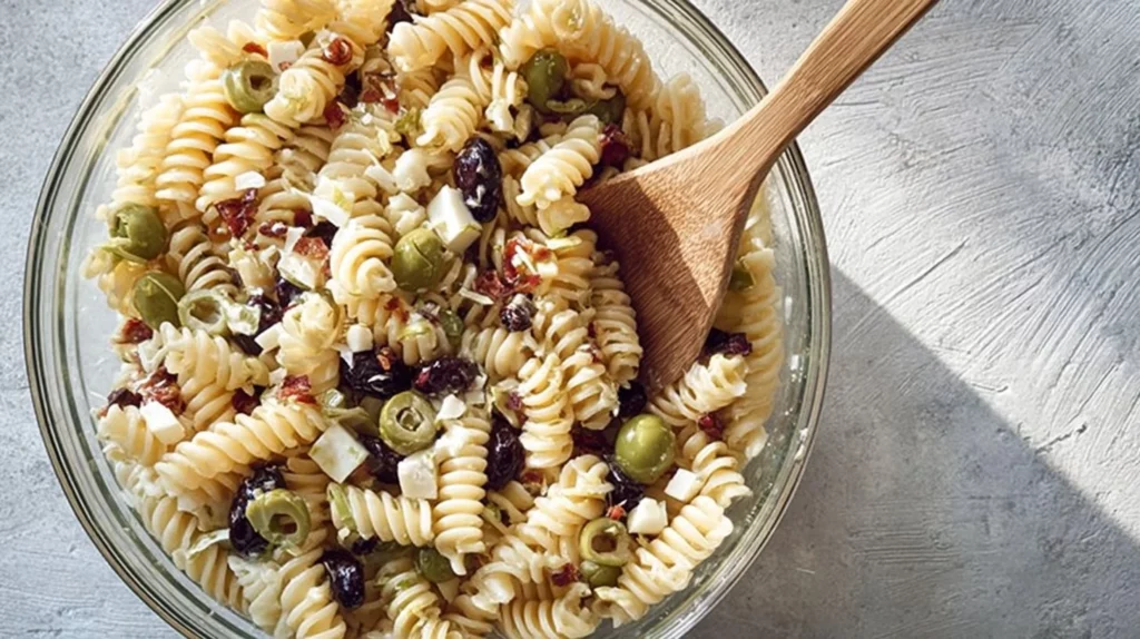 Delicious olive pasta salad served in a white bowl with fresh ingredients.