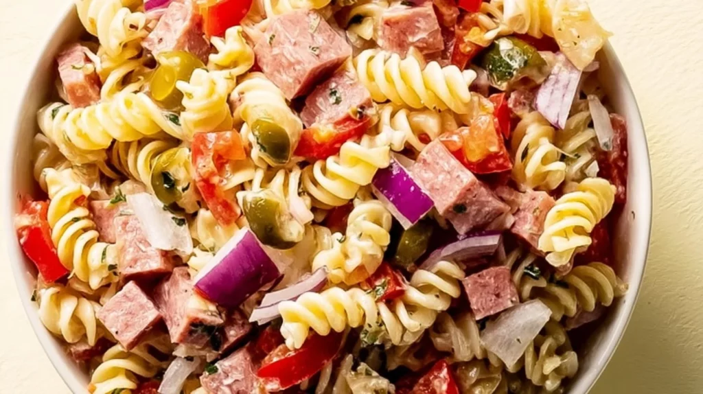 Colorful Antipasto Salad with vegetables, meats, and cheeses