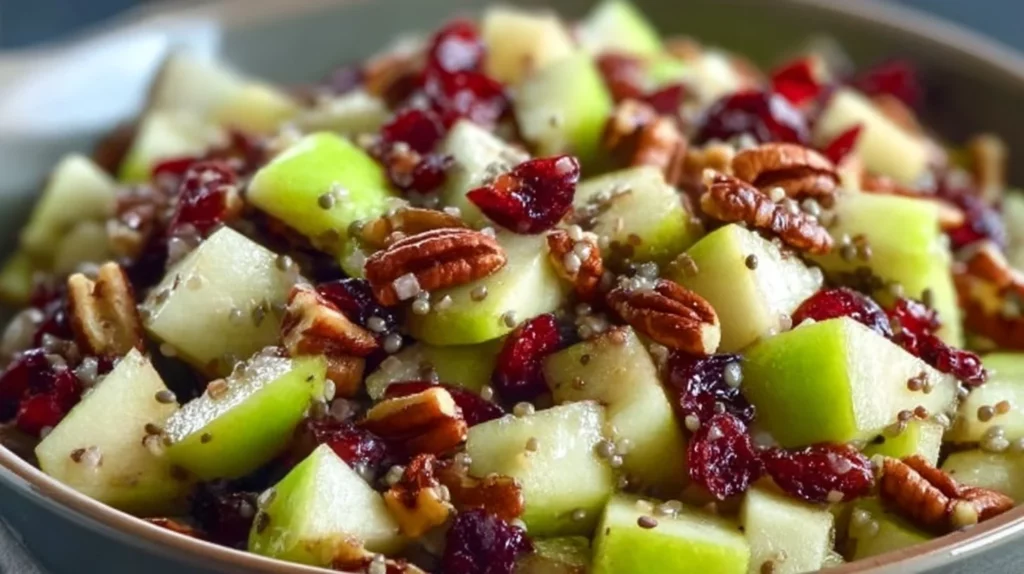Fresh and colorful apple salad with greens and dressing