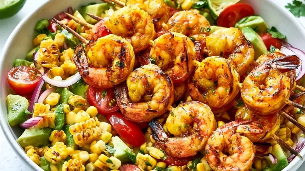 Delicious Avocado Corn Salad with Grilled Shrimp served in a bowl