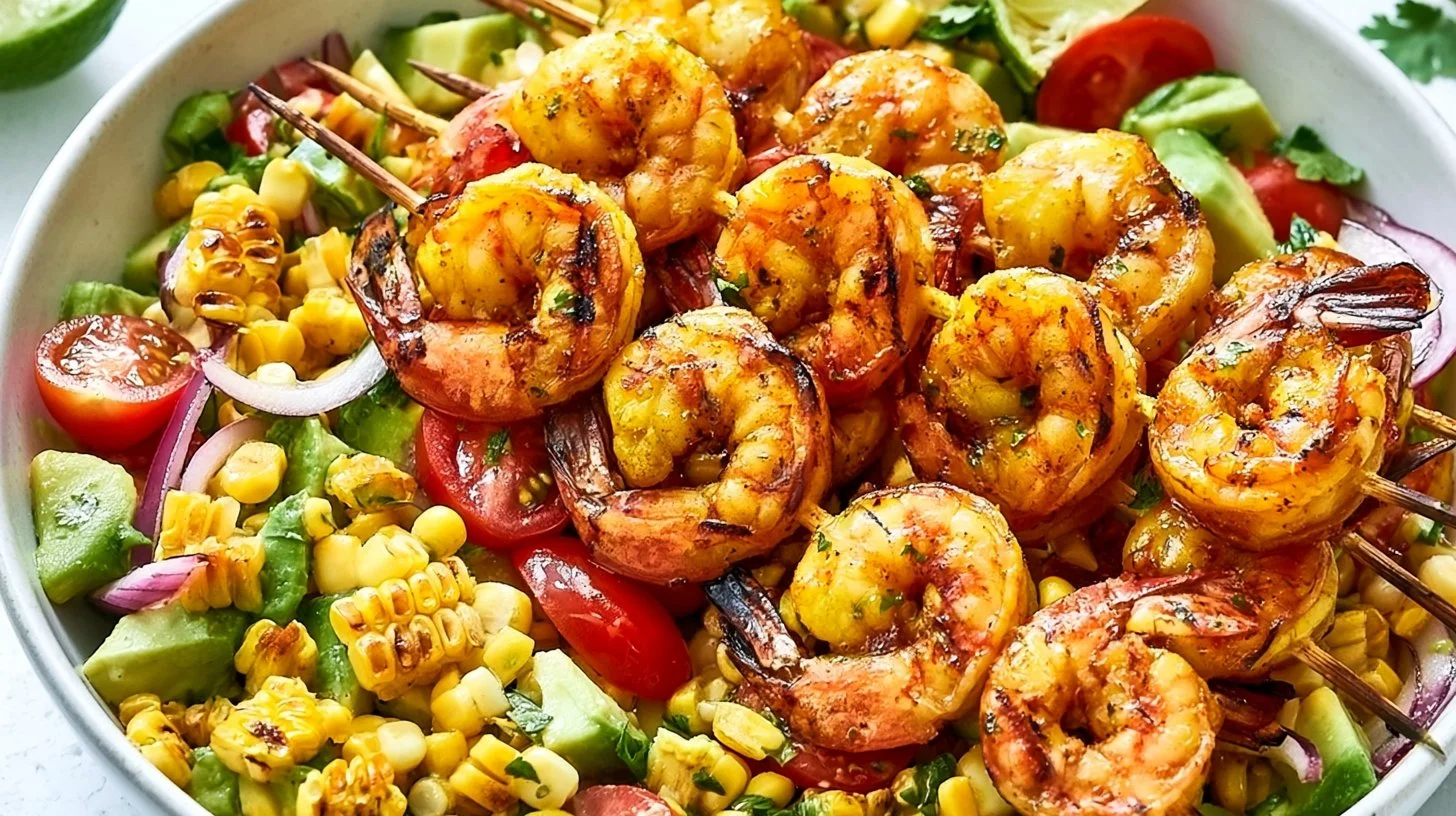 Delicious Avocado Corn Salad with Grilled Shrimp served in a bowl