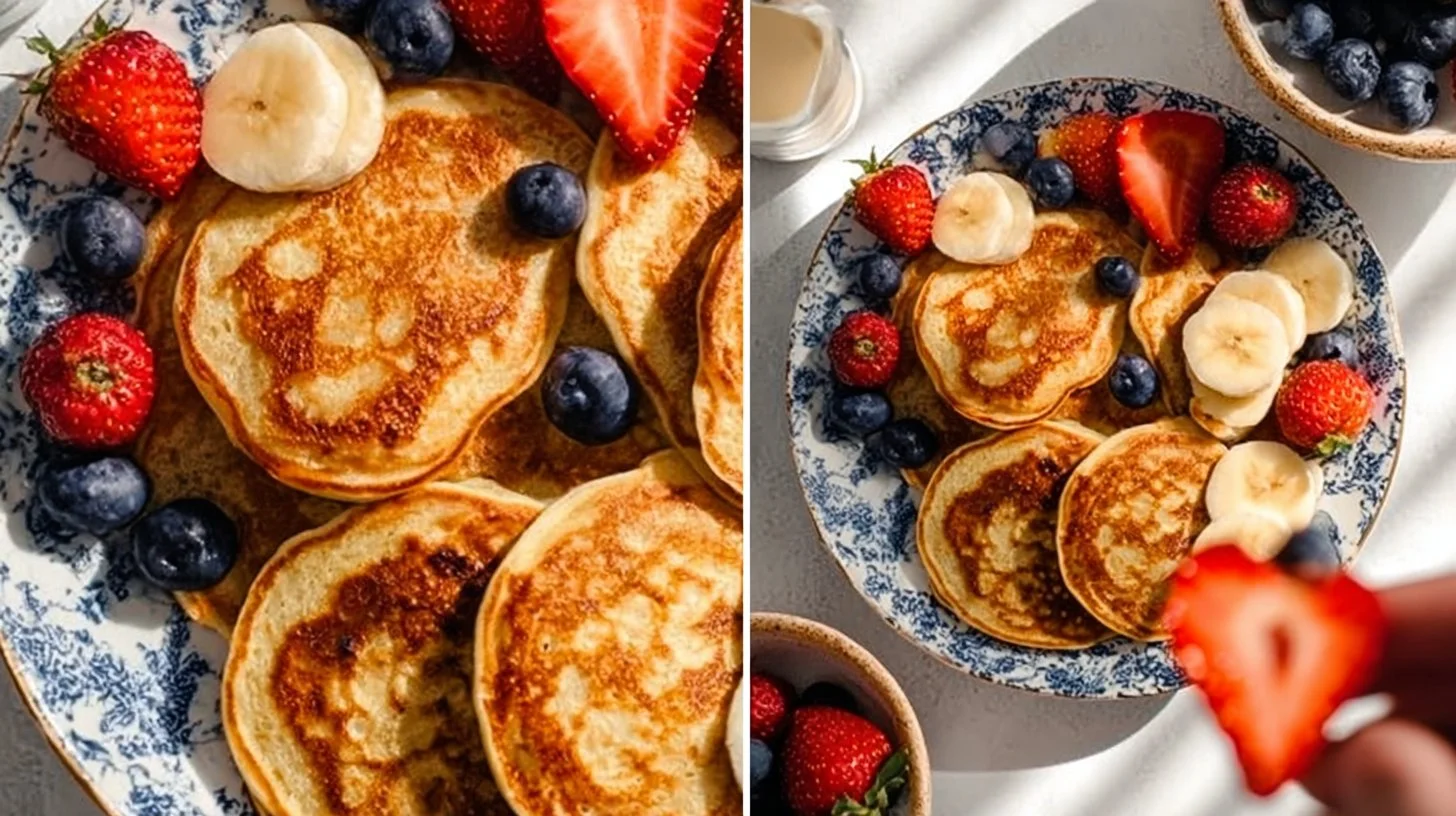 Baby and Kid-Friendly Banana Pancakes 2 Baby and kid-friendly banana pancakes served on a plate with fruit.