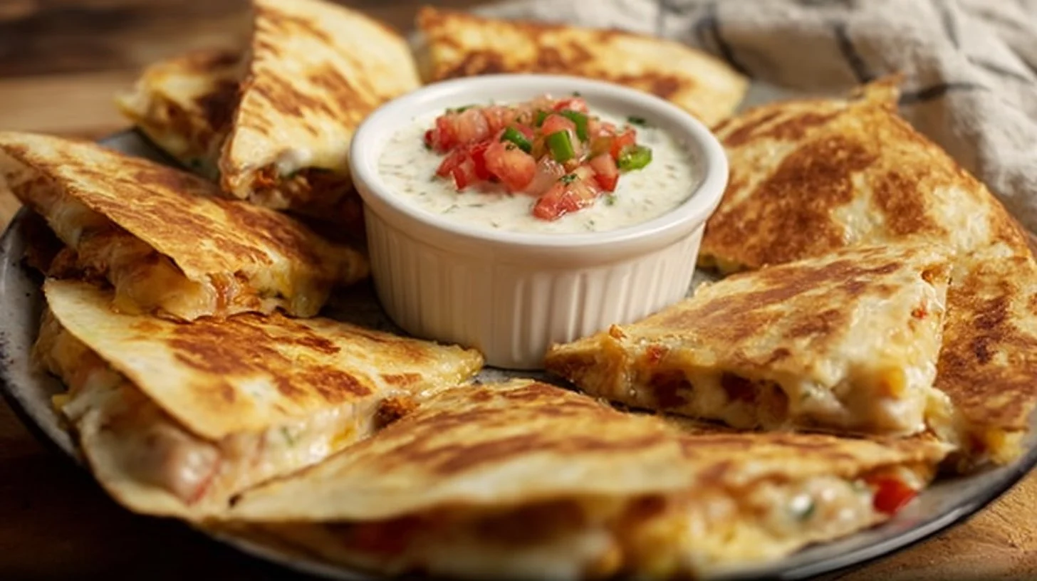 Delicious Bacon Ranch Chicken Quesadillas served with dipping sauce