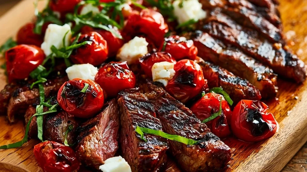 Balsamic Garlic Flank Steak served at a dinner party, garnished beautifully.