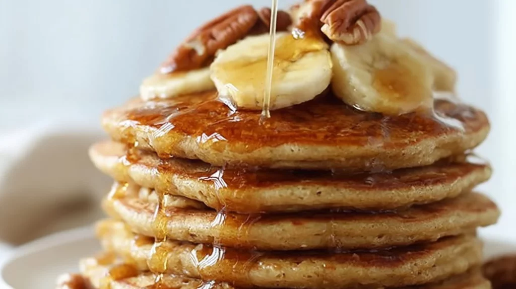 Delicious and healthy banana oatmeal pancakes served with fruit
