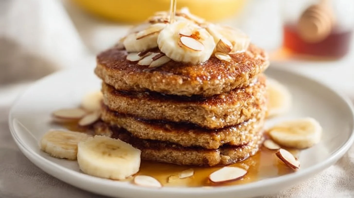 Stack of fluffy banana oatmeal pancakes with syrup and fresh bananas