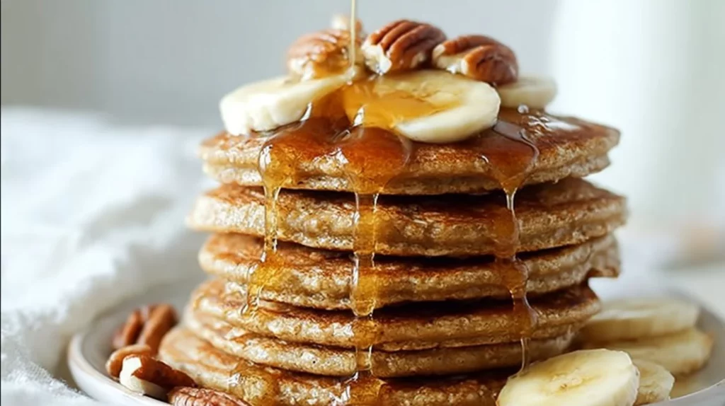 Plate of fluffy Banana Oatmeal Pancakes topped with fresh fruit and syrup