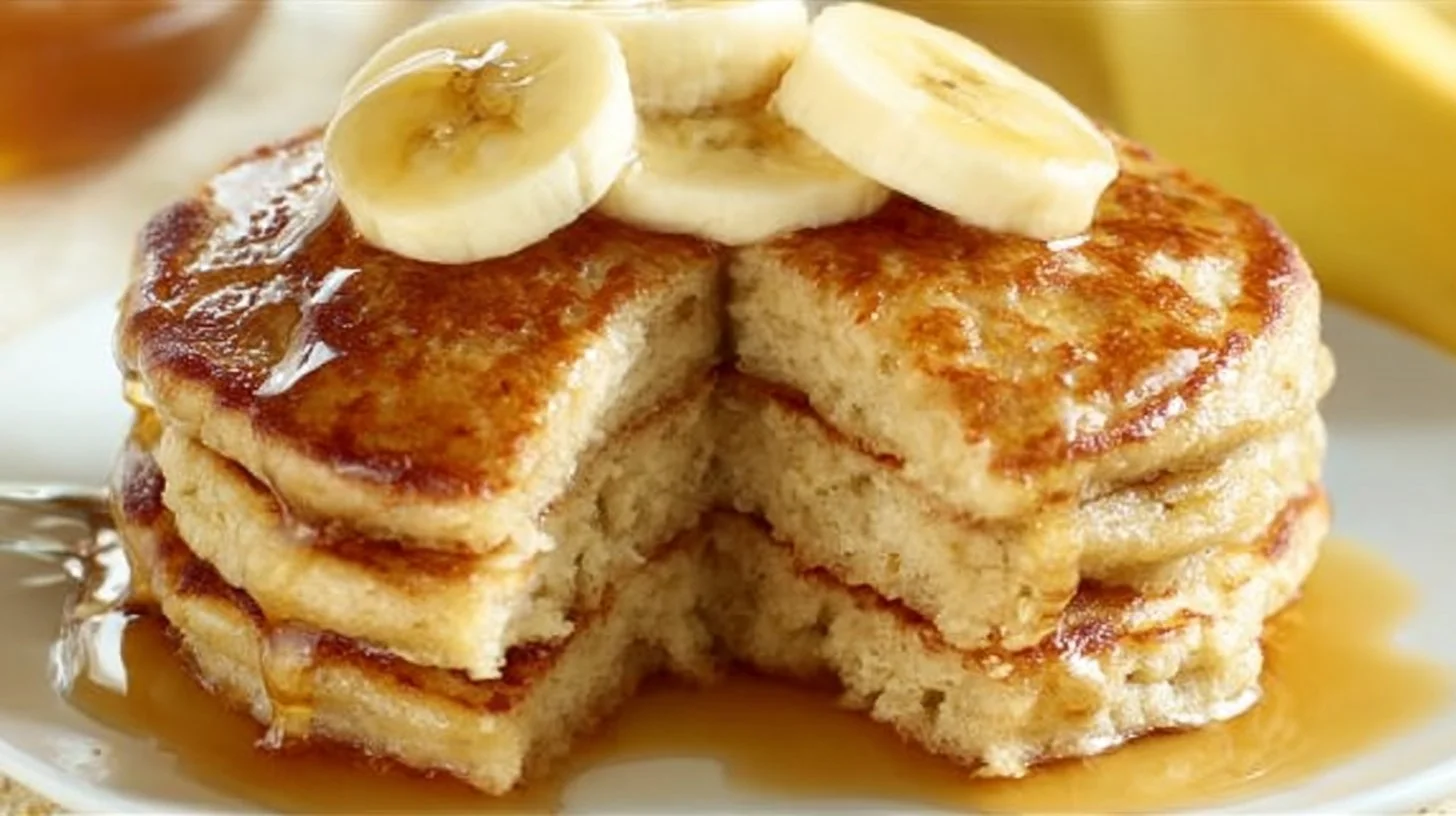 Fluffy banana pancakes stacked on a plate with syrup and fresh bananas