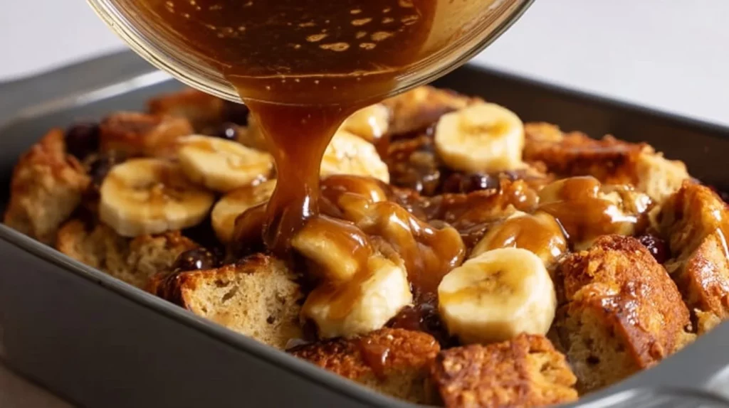 Delicious Bananas Foster French Toast Casserole topped with caramelized bananas