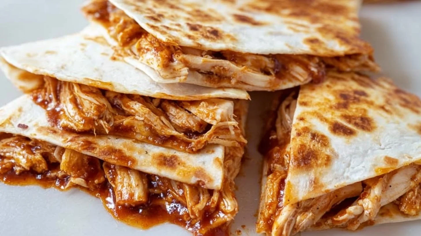 Delicious BBQ Chicken Quesadilla served on a plate with toppings.