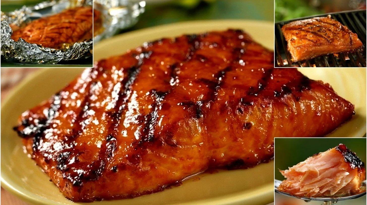 Delicious grilled salmon fillet served with lemon and herbs on a plate