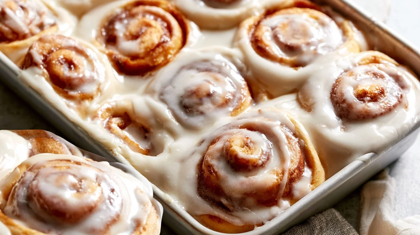 Delicious homemade cinnamon rolls topped with creamy icing