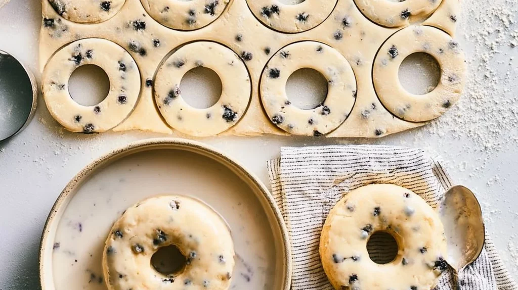 Freshly baked blueberry cake donuts topped with a sugar glaze