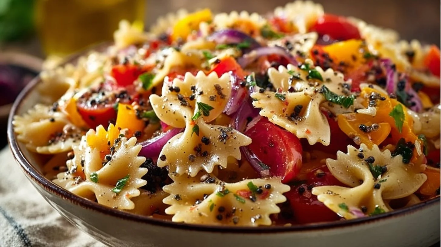 Colorful Bow Tie Pasta Salad with vegetables and dressing in a serving bowl