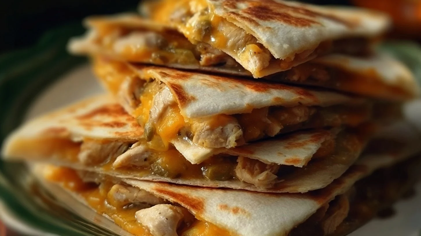Cheesy Chicken Quesadillas 2 Cheesy chicken quesadillas served with salsa and sour cream