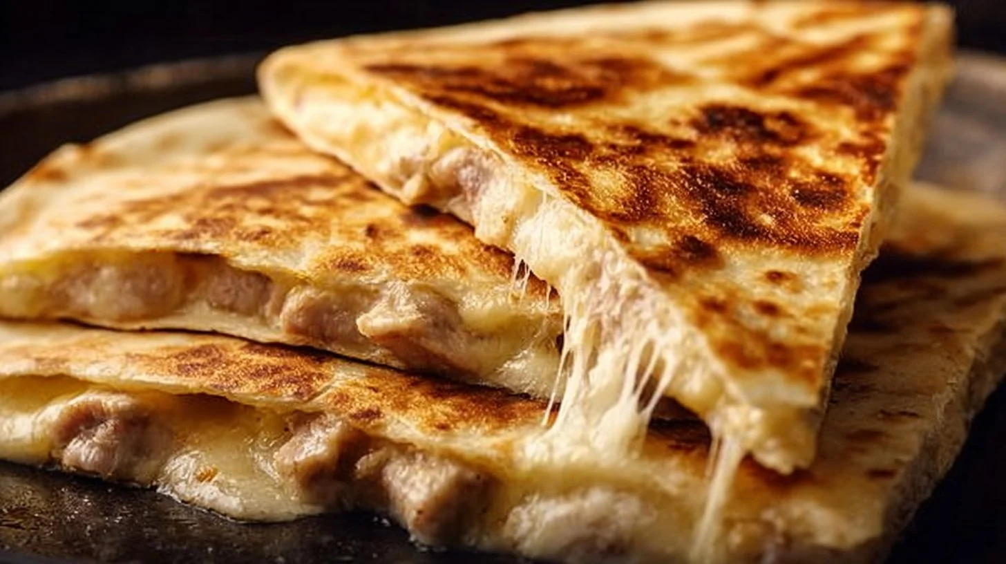 Delicious cheesy chicken quesadillas served on a plate with toppings.