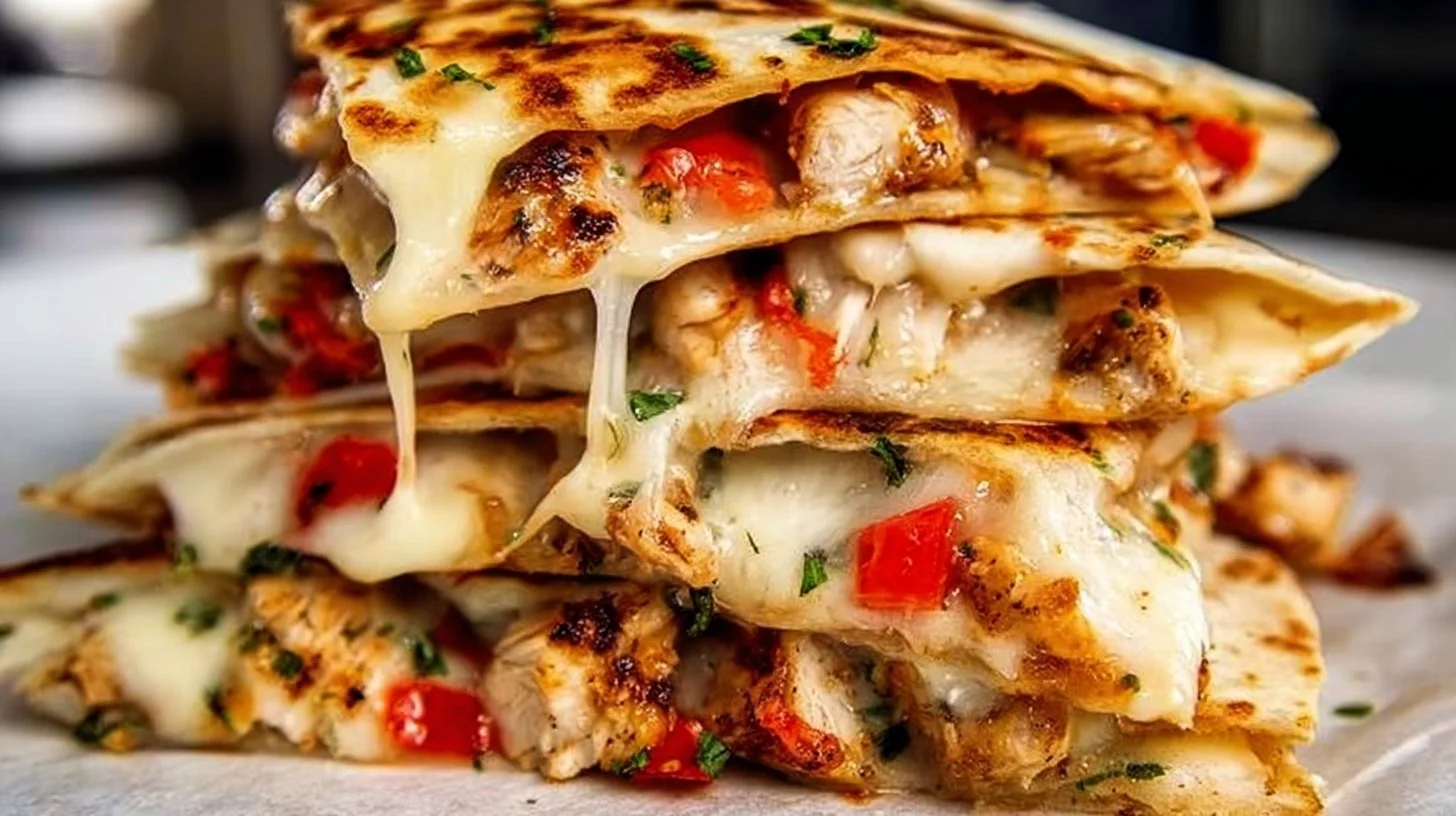Delicious chicken quesadilla filled with melted cheese and fresh ingredients