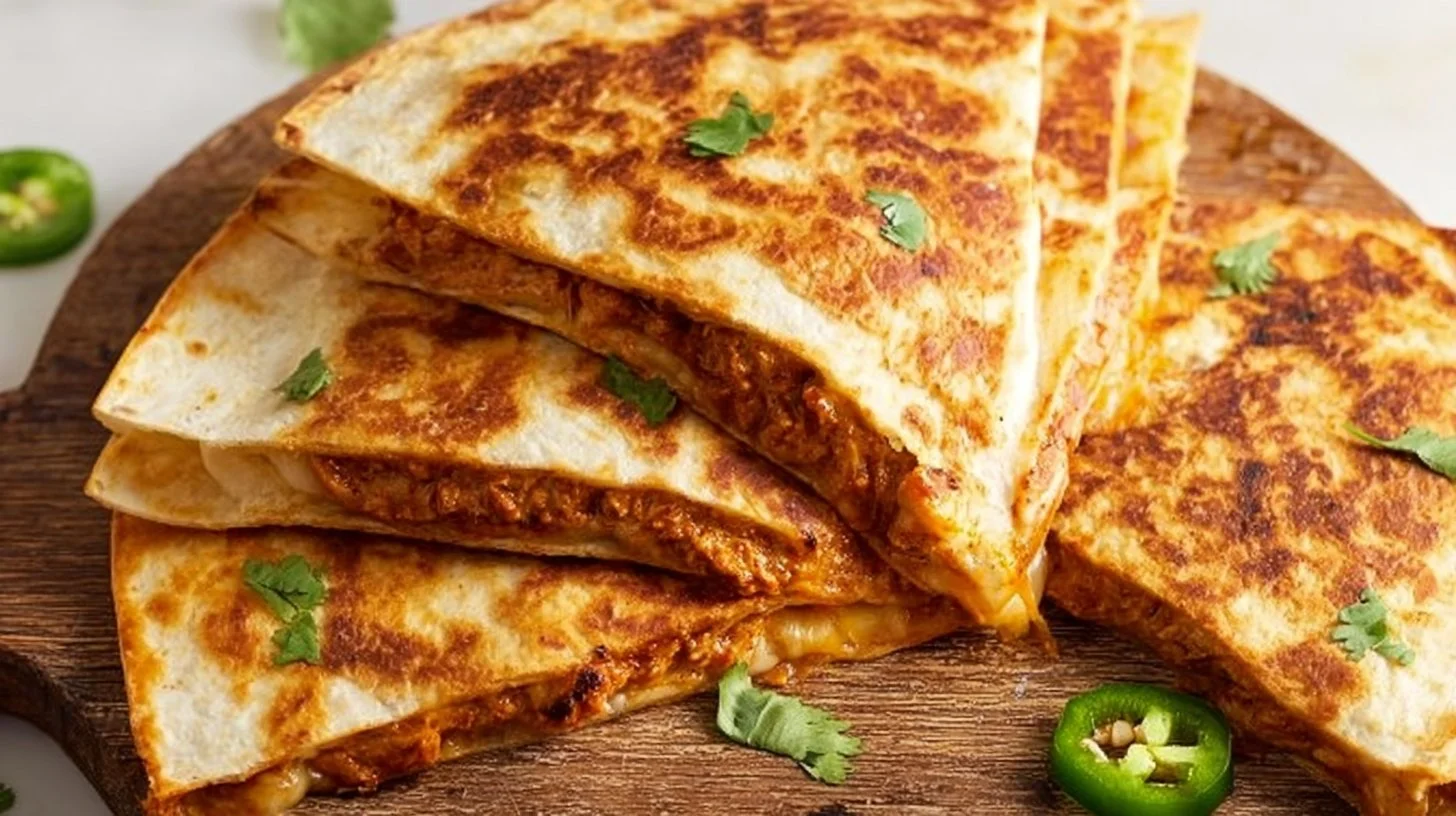 A delicious plate of Chicken Tikka Masala Quesadillas garnished with fresh herbs.