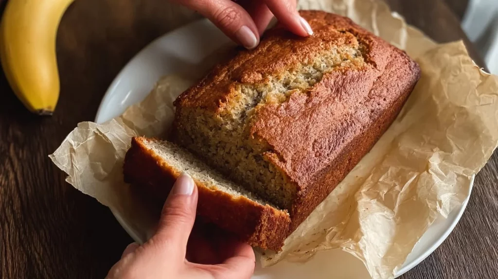 Slice of chocolate chip banana bread fresh out of the oven