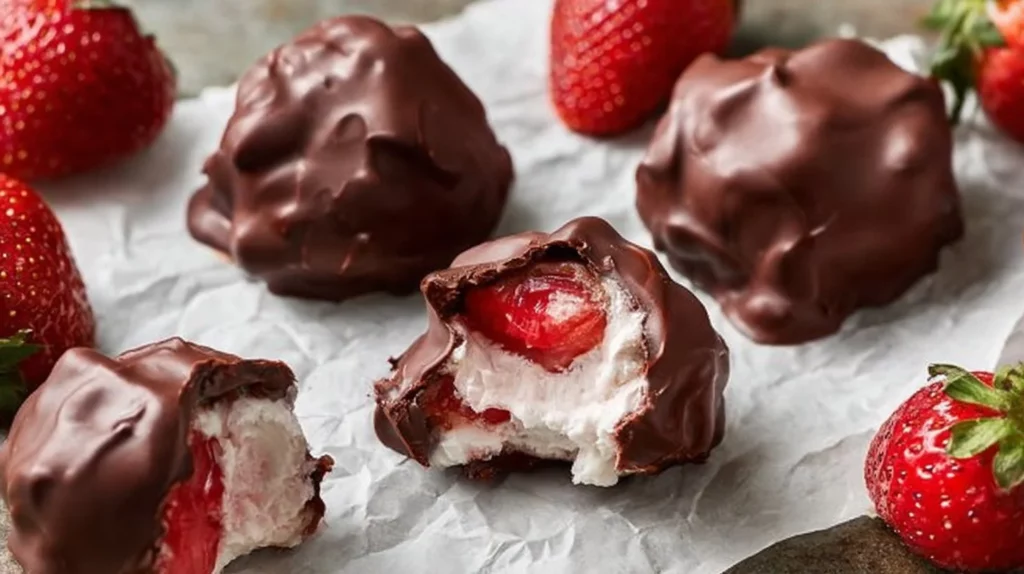 Homemade chocolate-covered strawberry yogurt clusters on a plate