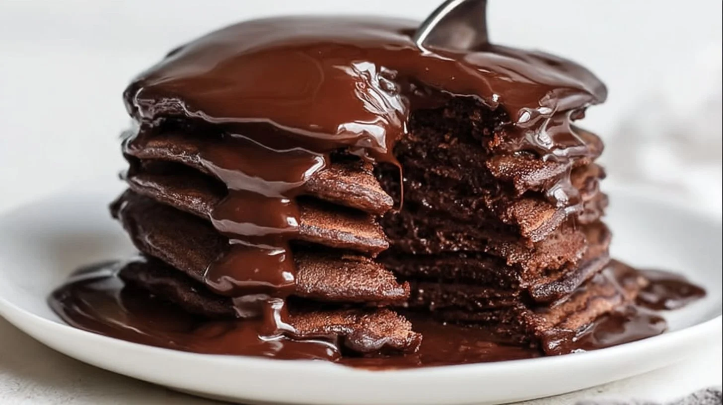 Delicious stack of chocolate pancakes topped with syrup and berries