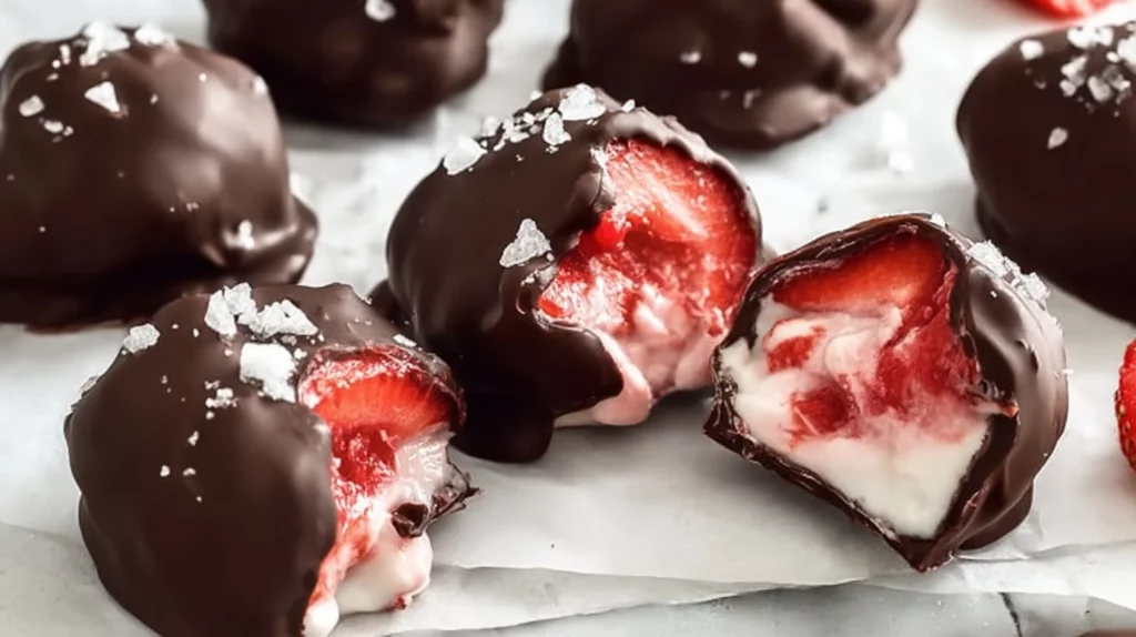 Delicious Chocolate Strawberry Frozen Yogurt Bites served in a bowl.
